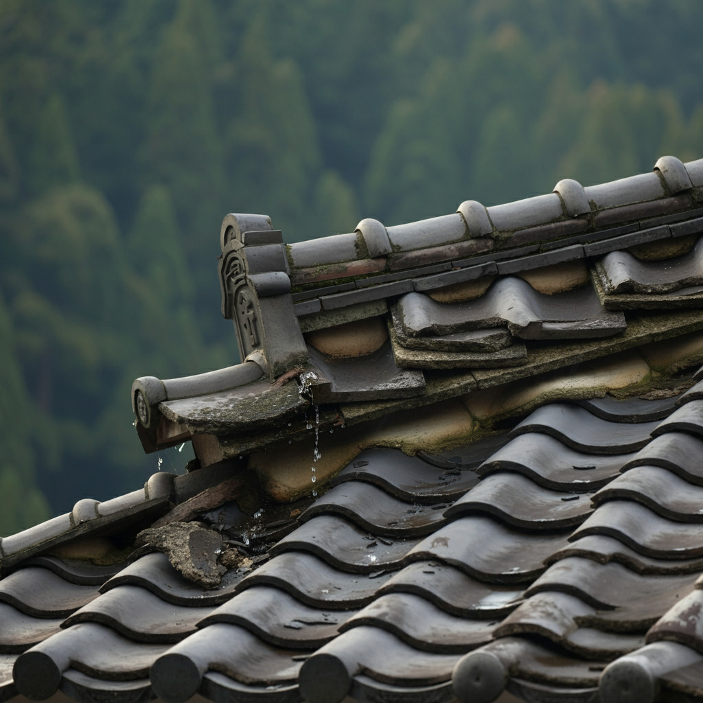 老朽化した屋根、瓦がずれて雨漏りしている